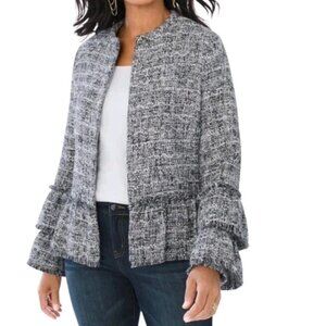 Chicos Tweed Blazer Size 2 L 12 Black White Ruffled Sleeves Fringe Trim Lined